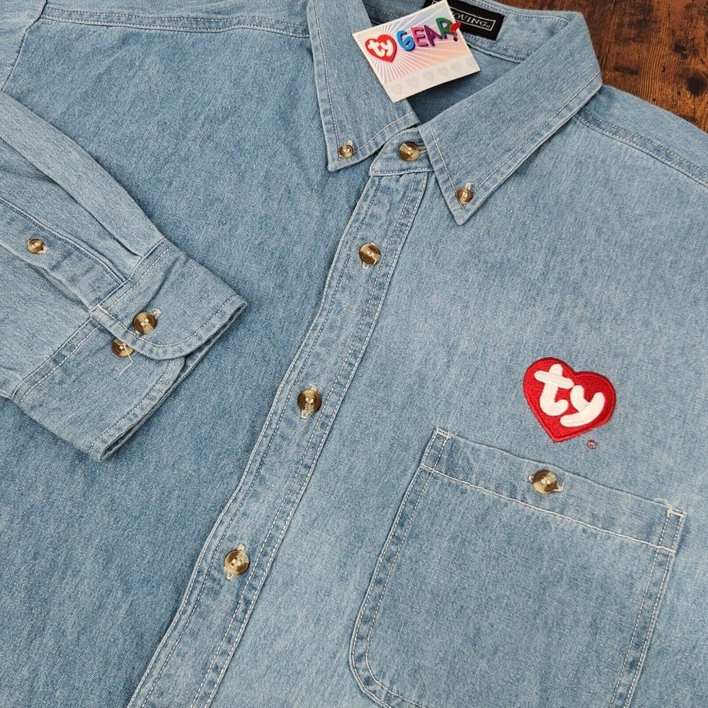NEW TY Gear Denim‎ Shirt Blue Button Down Embroidered Beanie Baby Men's Size XL